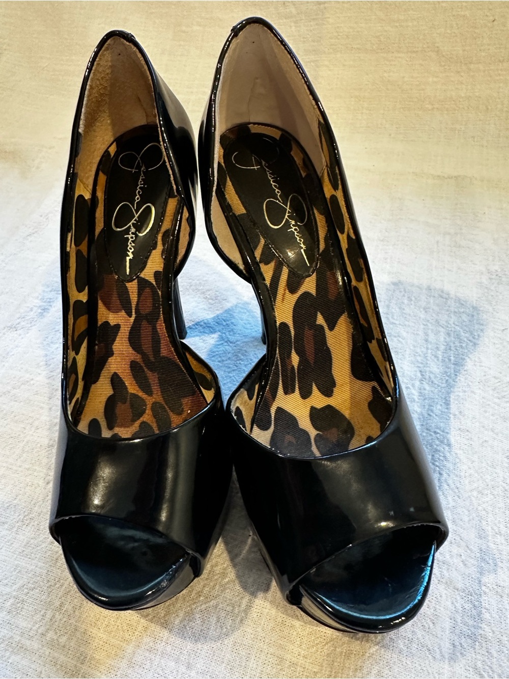 Jessica Simpson Black Patent Peep-Toe Heels with Leopard Lining